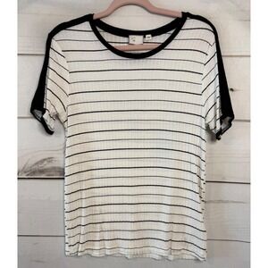 Postmark Striped Ribbed Ringer T-Shirt Black Anthro Women Small Short Sleeve